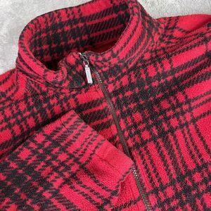 Eddie Bauer Sweater Mens Large Red Plaid Polartec Quarter Zip Fleece Pullover